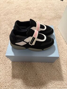 Prada Black Sneakers with Pink Strap and White Accents